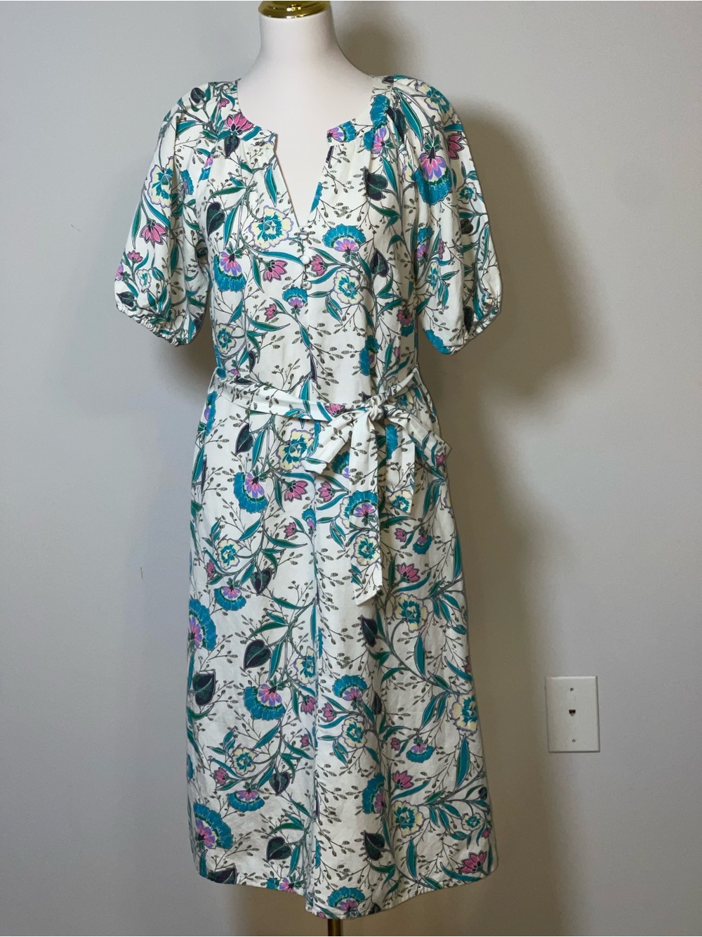 LOFT White Floral Tie-Waist Midi Dress with Teal & Pink Accents